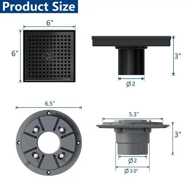 Alt view image 3 of 7 - 6 Inch Square Shower Drain, 304 Stainless Steel Bathroom Drainage with Removable Quadrato Pattern Grate, PVC Shower Drain Base, Hair Strainer for Bathroom Floor Drains, Matte Black