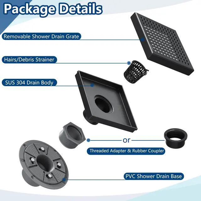 Alt view image 2 of 7 - 6 Inch Square Shower Drain, 304 Stainless Steel Bathroom Drainage with Removable Quadrato Pattern Grate, PVC Shower Drain Base, Hair Strainer for Bathroom Floor Drains, Matte Black