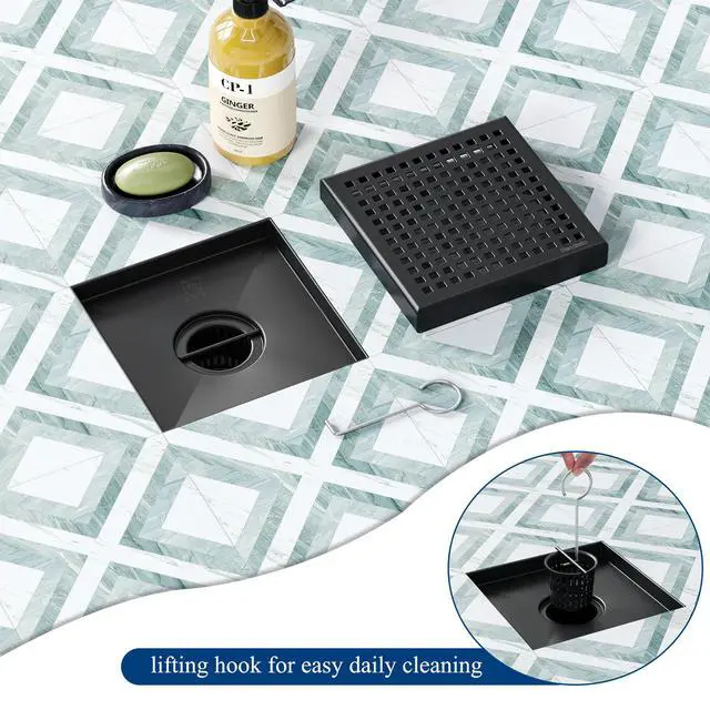 Alt view image 5 of 7 - 6 Inch Square Shower Drain, 304 Stainless Steel Bathroom Drainage with Removable Quadrato Pattern Grate, PVC Shower Drain Base, Hair Strainer for Bathroom Floor Drains, Matte Black