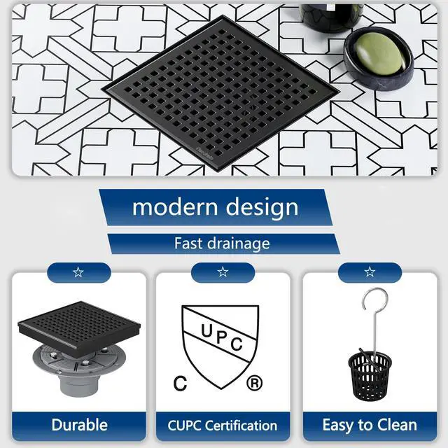Alt view image 4 of 7 - 6 Inch Square Shower Drain, 304 Stainless Steel Bathroom Drainage with Removable Quadrato Pattern Grate, PVC Shower Drain Base, Hair Strainer for Bathroom Floor Drains, Matte Black