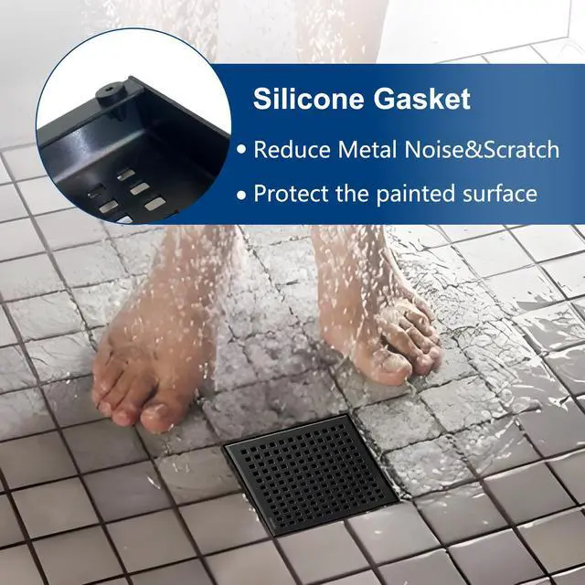 Alt view image 6 of 7 - 6 Inch Square Shower Drain, 304 Stainless Steel Bathroom Drainage with Removable Quadrato Pattern Grate, PVC Shower Drain Base, Hair Strainer for Bathroom Floor Drains, Matte Black
