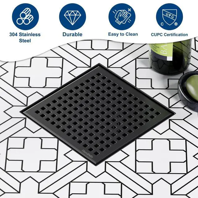 Alt view image 7 of 7 - 6 Inch Square Shower Drain, 304 Stainless Steel Bathroom Drainage with Removable Quadrato Pattern Grate, PVC Shower Drain Base, Hair Strainer for Bathroom Floor Drains, Matte Black
