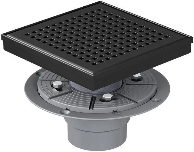 Main image of 6 Inch Square Shower Drain, 304 Stainless Steel Bathroom Drainage with Removable Quadrato Pattern Grate, PVC Shower Drain Base, Hair Strainer for Bathroom Floor Drains, Matte Black