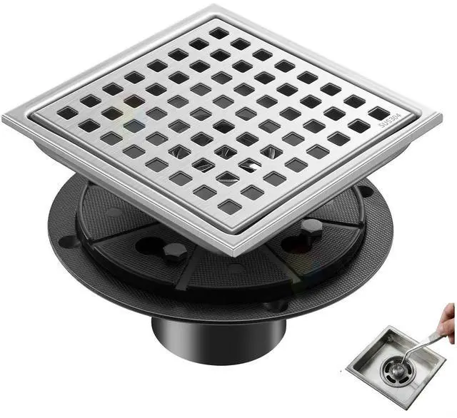 Main image of 6 Inch Square Shower Floor Drain, Brushed Nickel SUS304 Steel, Removable Hair Catcher Grate with ABS Flange, High Flow Anti-Clog & Odor Prevention, Includes Cleaning Tweezer