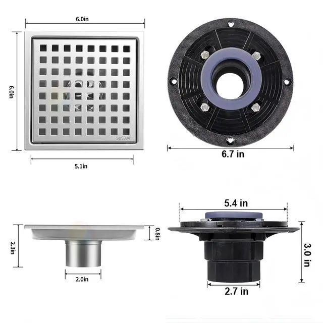 Alt view image 2 of 7 - 6 Inch Square Shower Floor Drain, Brushed Nickel SUS304 Steel, Removable Hair Catcher Grate with ABS Flange, High Flow Anti-Clog & Odor Prevention, Includes Cleaning Tweezer