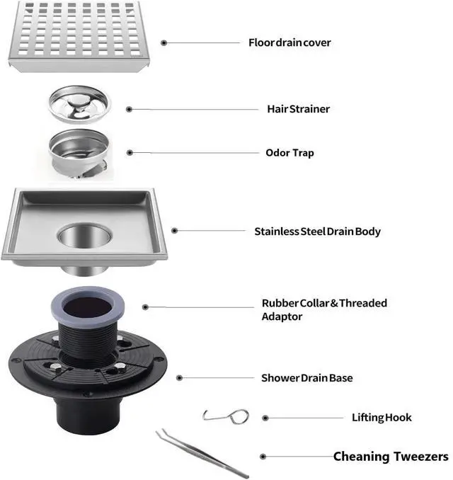 Alt view image 3 of 7 - 6 Inch Square Shower Floor Drain, Brushed Nickel SUS304 Steel, Removable Hair Catcher Grate with ABS Flange, High Flow Anti-Clog & Odor Prevention, Includes Cleaning Tweezer