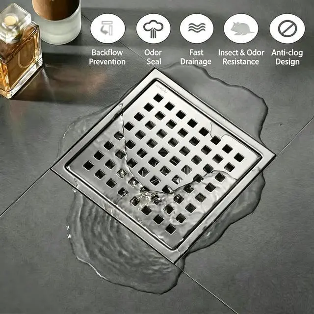 Alt view image 6 of 7 - 6 Inch Square Shower Floor Drain, Brushed Nickel SUS304 Steel, Removable Hair Catcher Grate with ABS Flange, High Flow Anti-Clog & Odor Prevention, Includes Cleaning Tweezer