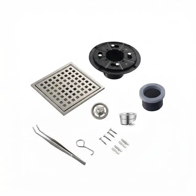 Alt view image 5 of 7 - 6 Inch Square Shower Floor Drain, Brushed Nickel SUS304 Steel, Removable Hair Catcher Grate with ABS Flange, High Flow Anti-Clog & Odor Prevention, Includes Cleaning Tweezer