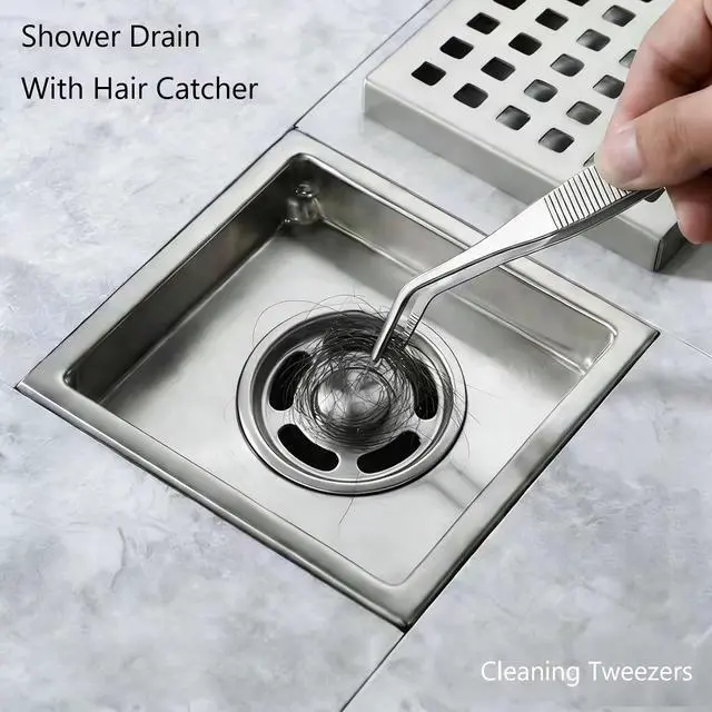 Alt view image 7 of 7 - 6 Inch Square Shower Floor Drain, Brushed Nickel SUS304 Steel, Removable Hair Catcher Grate with ABS Flange, High Flow Anti-Clog & Odor Prevention, Includes Cleaning Tweezer