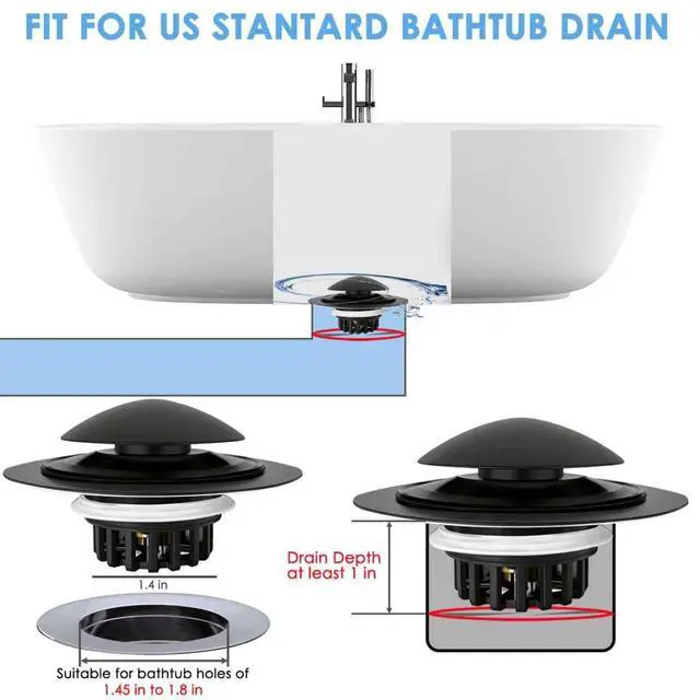 Alt view image 2 of 6 - Bathtub Drain Stopper, Pop Up Tub Drain Hair Catcher, Bath Tub Drain Plug and Cover for 1.45 in -1.8 in Drain, Matte Black