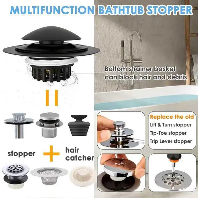 Alt view image 3 of 6 - Bathtub Drain Stopper, Pop Up Tub Drain Hair Catcher, Bath Tub Drain Plug and Cover for 1.45 in -1.8 in Drain, Matte Black