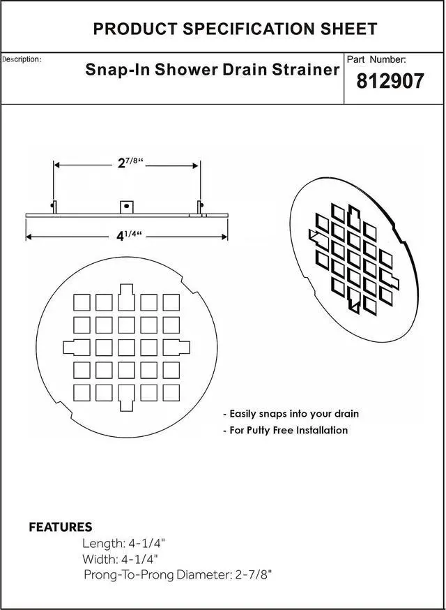 Alt view image 6 of 6 - 4-1/4 OD Snap-in Shower Drain Cover, Round Shower Drain Strainer Grid, Replacement Cover, Designed for Long-Lasting