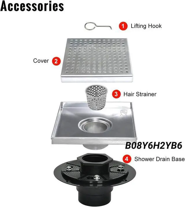 Alt view image 3 of 6 - Square Shower Drain, Shower Drain 4 inch with Removable Grate Cover, Corrosion Resistant AISI 304 Stainless Steel Shower Floor Drain with Hair Catcher