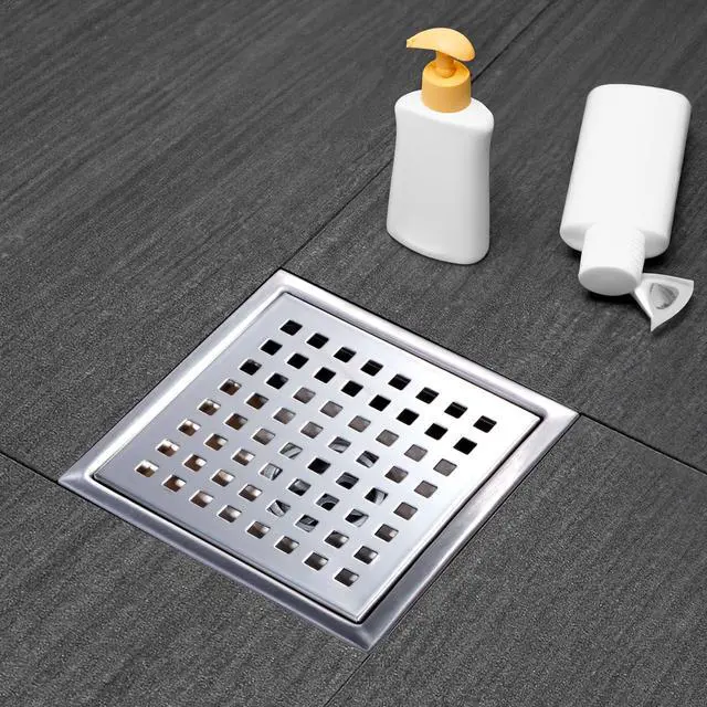 Alt view image 6 of 6 - Square Shower Drain, Shower Drain 4 inch with Removable Grate Cover, Corrosion Resistant AISI 304 Stainless Steel Shower Floor Drain with Hair Catcher