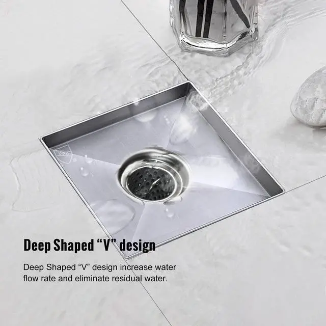 Alt view image 5 of 6 - Square Shower Drain, Shower Drain 4 inch with Removable Grate Cover, Corrosion Resistant AISI 304 Stainless Steel Shower Floor Drain with Hair Catcher