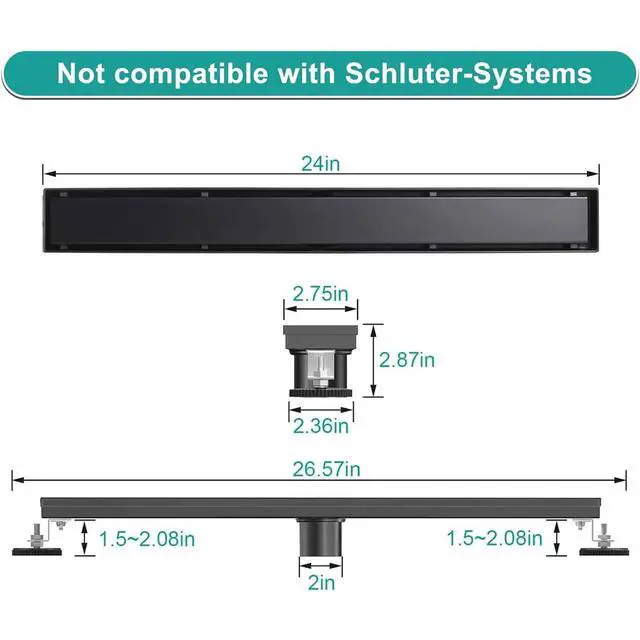 Alt view image 2 of 7 - 24 Inch Linear Shower Drain, Reversible Tile Insert, Matte Black