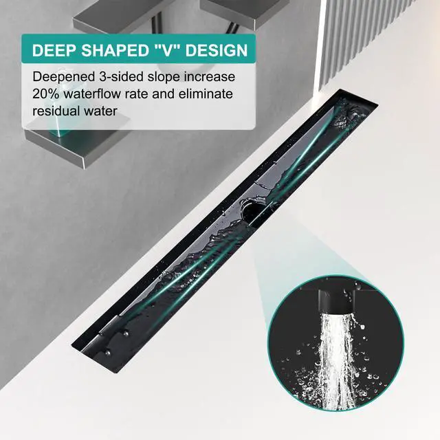 Alt view image 3 of 7 - 24 Inch Linear Shower Drain, Reversible Tile Insert, Matte Black