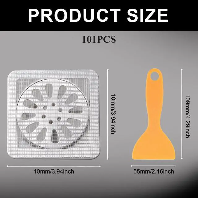 Alt view image 2 of 7 - 100 PCS 4"x4"Disposable Hair Drain Stickers, Anti-Blocking Filter Screen Self-Adhesive Mesh Drain Hair Drain Stickers with Scraper, Effective Hair Catcher for Shower, Bath, Kitchen Drain