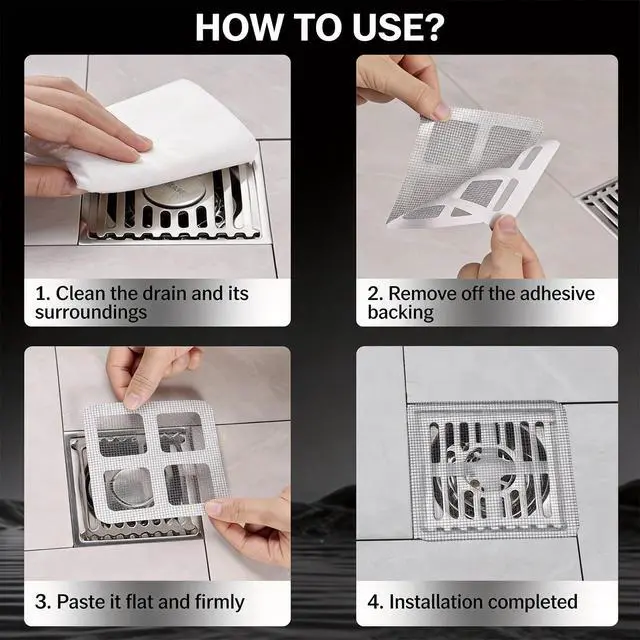 Alt view image 3 of 7 - 100 PCS 4"x4"Disposable Hair Drain Stickers, Anti-Blocking Filter Screen Self-Adhesive Mesh Drain Hair Drain Stickers with Scraper, Effective Hair Catcher for Shower, Bath, Kitchen Drain