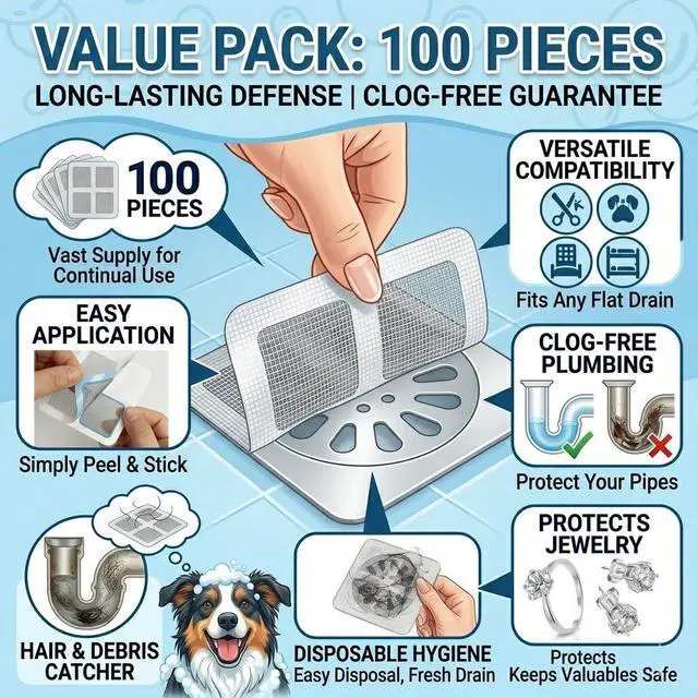 Alt view image 2 of 7 - 100 Pack Disposable Shower Drain Hair Catcher Mesh Stickers, Fine Mesh Drain Strainers, Hair Trap for Bathroom, Bathtub, Kitchen Sink, Washbasin & Appliance Drains