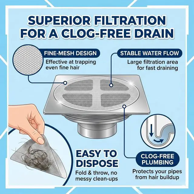 Alt view image 3 of 7 - 100 Pack Disposable Shower Drain Hair Catcher Mesh Stickers, Fine Mesh Drain Strainers, Hair Trap for Bathroom, Bathtub, Kitchen Sink, Washbasin & Appliance Drains