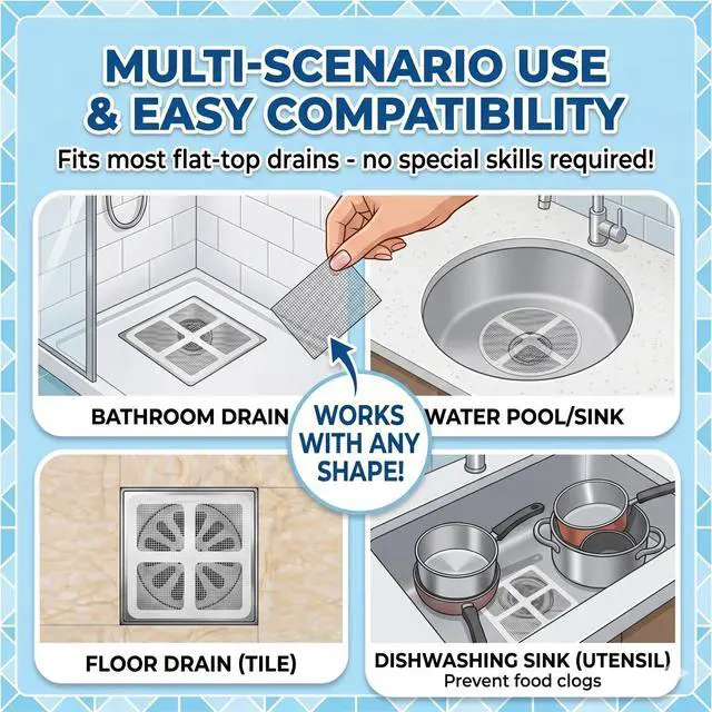 Alt view image 4 of 7 - 100 Pack Disposable Shower Drain Hair Catcher Mesh Stickers, Fine Mesh Drain Strainers, Hair Trap for Bathroom, Bathtub, Kitchen Sink, Washbasin & Appliance Drains