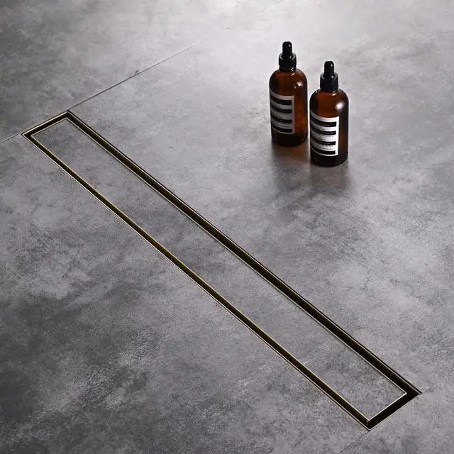 Alt view image 3 of 7 - Linear Shower Floor Drain, Brushed Gold 24 Inch 304 Stainless Steel Bathroom Drains Kit, Rectangular Shower Trench Drain with Reversable Tile-in Pattern Drain Cover & Hair Catcher