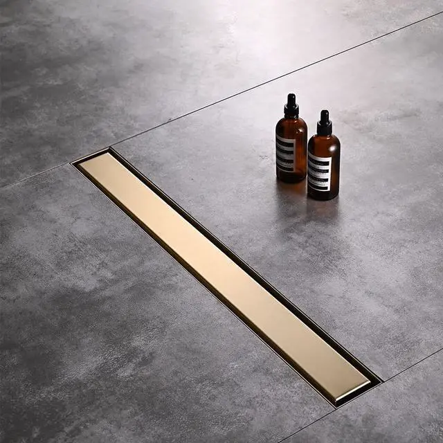 Alt view image 2 of 7 - Linear Shower Floor Drain, Brushed Gold 24 Inch 304 Stainless Steel Bathroom Drains Kit, Rectangular Shower Trench Drain with Reversable Tile-in Pattern Drain Cover & Hair Catcher