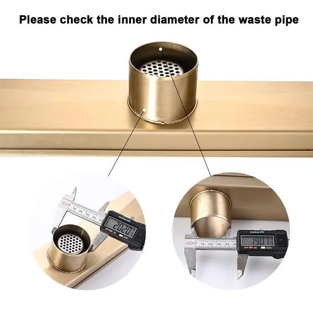 Alt view image 4 of 7 - Linear Shower Floor Drain, Brushed Gold 24 Inch 304 Stainless Steel Bathroom Drains Kit, Rectangular Shower Trench Drain with Reversable Tile-in Pattern Drain Cover & Hair Catcher