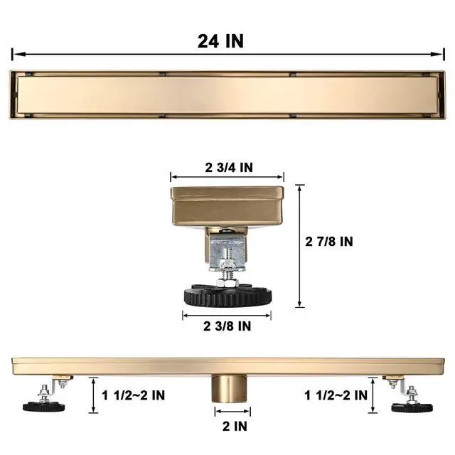 Alt view image 6 of 7 - Linear Shower Floor Drain, Brushed Gold 24 Inch 304 Stainless Steel Bathroom Drains Kit, Rectangular Shower Trench Drain with Reversable Tile-in Pattern Drain Cover & Hair Catcher