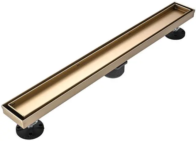 Main image of Linear Shower Floor Drain, Brushed Gold 24 Inch 304 Stainless Steel Bathroom Drains Kit, Rectangular Shower Trench Drain with Reversable Tile-in Pattern Drain Cover & Hair Catcher