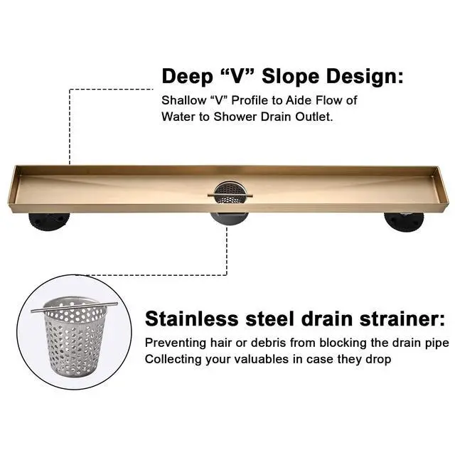 Alt view image 5 of 7 - Linear Shower Floor Drain, Brushed Gold 24 Inch 304 Stainless Steel Bathroom Drains Kit, Rectangular Shower Trench Drain with Reversable Tile-in Pattern Drain Cover & Hair Catcher