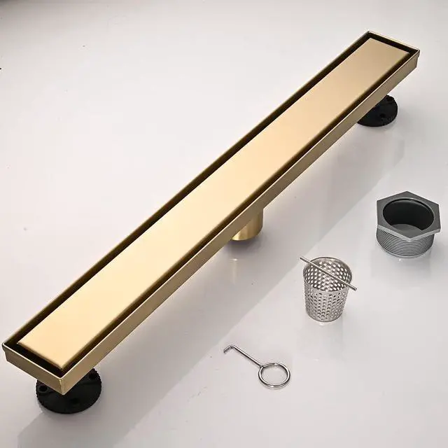 Alt view image 7 of 7 - Linear Shower Floor Drain, Brushed Gold 24 Inch 304 Stainless Steel Bathroom Drains Kit, Rectangular Shower Trench Drain with Reversable Tile-in Pattern Drain Cover & Hair Catcher
