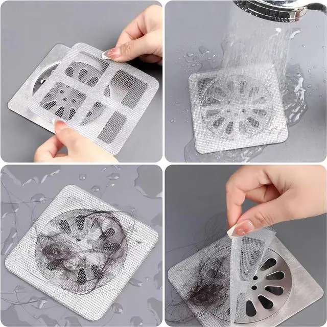 Alt view image 4 of 7 - Shower Drain Cover Hair Catcher - 50 Pcs Disposable Hair Drain Stickers Shower Drain Mesh Stickers, Bathroom, Laundry, Bathtub, Kitchen, Sink, for Human and pet Hair (50)