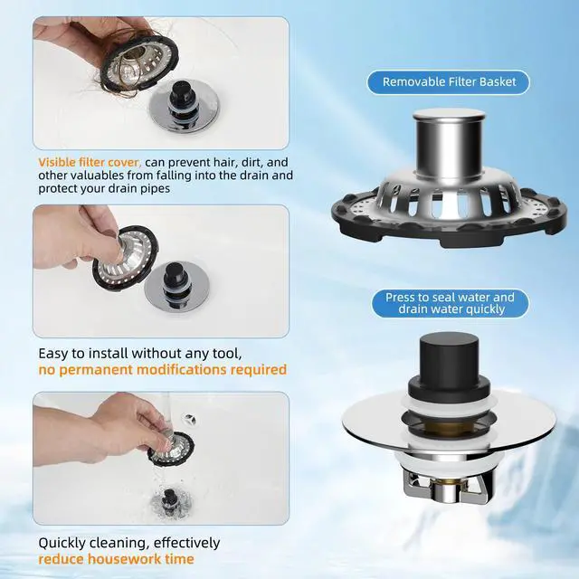 Alt view image 5 of 7 - Universal Bathtub Drain Stopper, 2PCS Metal Shower Hair Catcher, Chrome