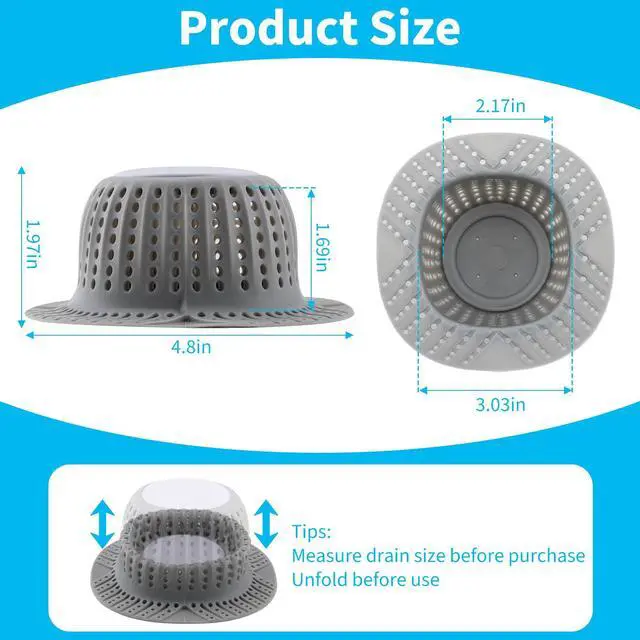 Alt view image 6 of 7 - 2 Pack Bathtub Drain Hair Catcher for Dog Hairs, Silicone Shower Hair Catcher, Dog Hairs Drain Protector for Pop-Up and Regular Drains of Shower, Tub, Bathroom and Sink, Grey