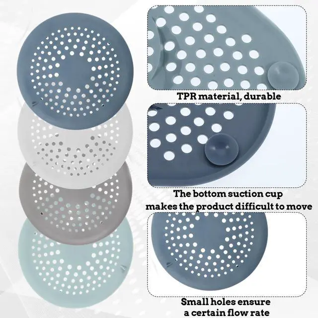 Alt view image 4 of 7 - 4 Packs Round Hair Drain Catcher, Drain Cover with Suction Cups, Durable Shower Drain Hair Catcher for Bathroom, Bathtub, Kitchen, Easy to Clean