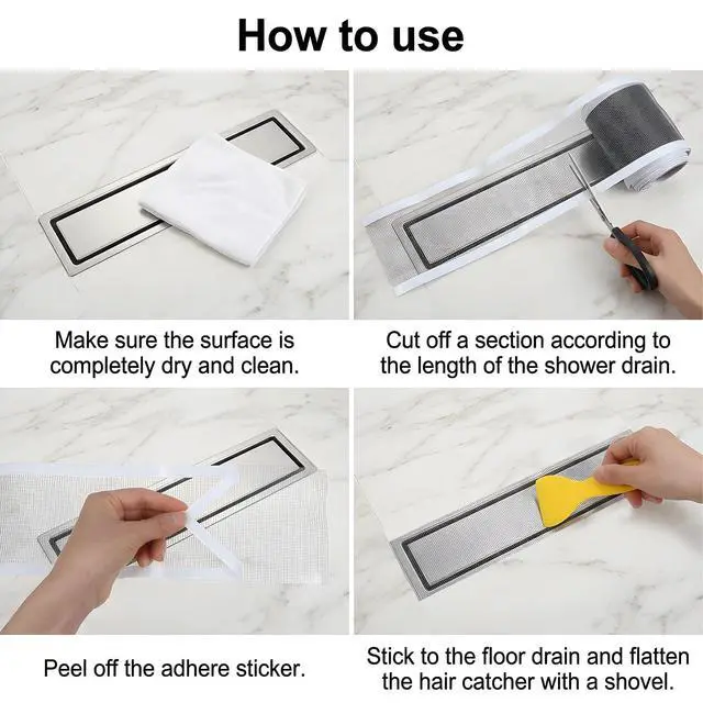Alt view image 3 of 7 - 1 Pack 4 Inch x 33 Ft Disposable Linear Shower Drain Hair Catcher Disposable Shower Drain Screen Self-Adhesive Cutable Mesh Shower-Drain Cover Stickers with Cleaning Shovel for Bathroom Kitchen Sink