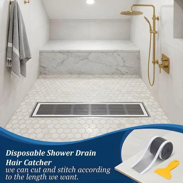 Alt view image 5 of 7 - 1 Pack 4 Inch x 33 Ft Disposable Linear Shower Drain Hair Catcher Disposable Shower Drain Screen Self-Adhesive Cutable Mesh Shower-Drain Cover Stickers with Cleaning Shovel for Bathroom Kitchen Sink