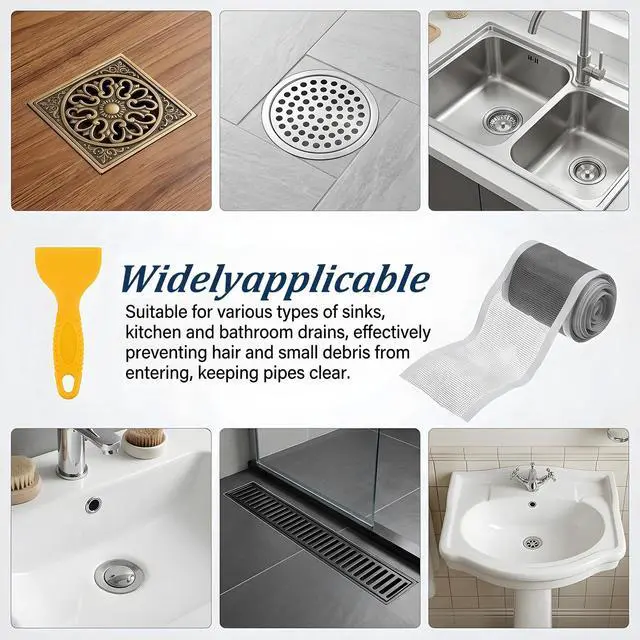 Alt view image 7 of 7 - 1 Pack 4 Inch x 33 Ft Disposable Linear Shower Drain Hair Catcher Disposable Shower Drain Screen Self-Adhesive Cutable Mesh Shower-Drain Cover Stickers with Cleaning Shovel for Bathroom Kitchen Sink
