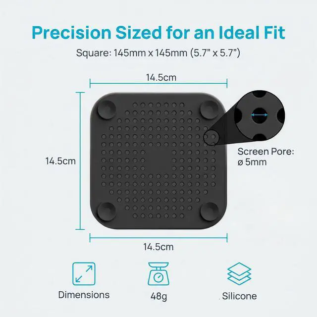 Alt view image 2 of 7 - Square Silicone Drain Cover, 5.7 Inch Flat Shower Drain Hair Catcher with Suction Cups, TPR Drain Protector Stopper for Bathroom and Kitchen, Anti-Slip Floor Drain Strainer (2 Pack, Black)