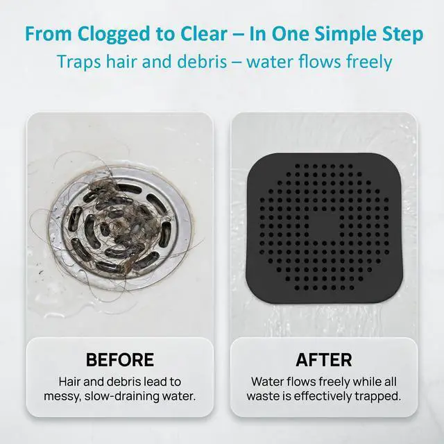 Alt view image 3 of 7 - Square Silicone Drain Cover, 5.7 Inch Flat Shower Drain Hair Catcher with Suction Cups, TPR Drain Protector Stopper for Bathroom and Kitchen, Anti-Slip Floor Drain Strainer (2 Pack, Black)