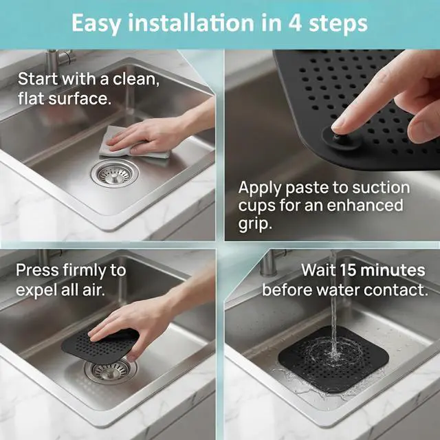 Alt view image 6 of 7 - Square Silicone Drain Cover, 5.7 Inch Flat Shower Drain Hair Catcher with Suction Cups, TPR Drain Protector Stopper for Bathroom and Kitchen, Anti-Slip Floor Drain Strainer (2 Pack, Black)