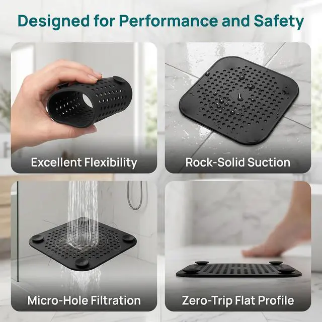 Alt view image 7 of 7 - Square Silicone Drain Cover, 5.7 Inch Flat Shower Drain Hair Catcher with Suction Cups, TPR Drain Protector Stopper for Bathroom and Kitchen, Anti-Slip Floor Drain Strainer (2 Pack, Black)