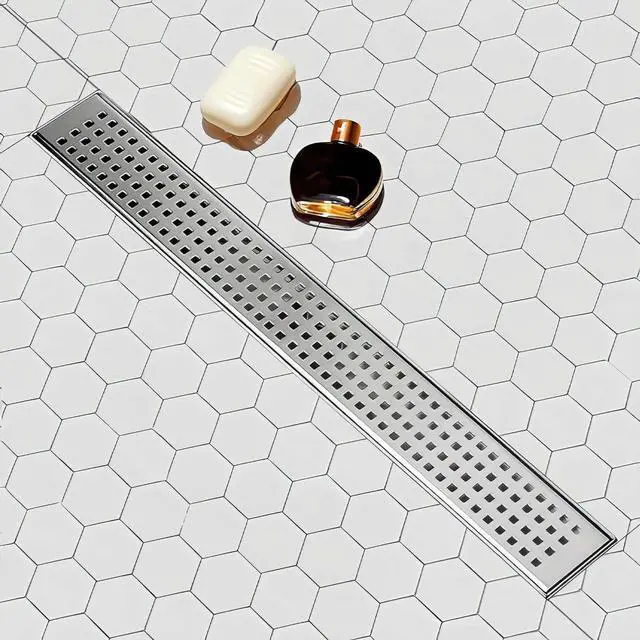 Main image of Linear Shower Drain, Linear Drain 32 inch with Removable Square Hole Panel, Brushed 304 Stainless Steel Shower Floor Drain with Adjustable Feet and Hair Catcher