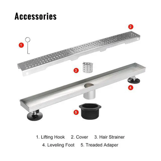 Alt view image 5 of 6 - Linear Shower Drain, Linear Drain 32 inch with Removable Square Hole Panel, Brushed 304 Stainless Steel Shower Floor Drain with Adjustable Feet and Hair Catcher