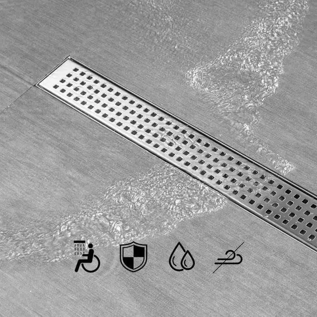 Alt view image 3 of 6 - Linear Shower Drain, Linear Drain 32 inch with Removable Square Hole Panel, Brushed 304 Stainless Steel Shower Floor Drain with Adjustable Feet and Hair Catcher