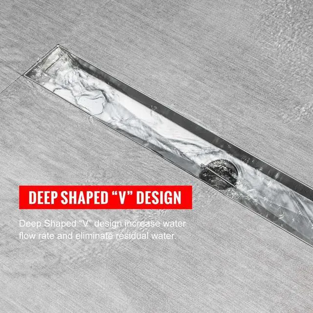 Alt view image 2 of 6 - Linear Shower Drain, Linear Drain 32 inch with Removable Square Hole Panel, Brushed 304 Stainless Steel Shower Floor Drain with Adjustable Feet and Hair Catcher