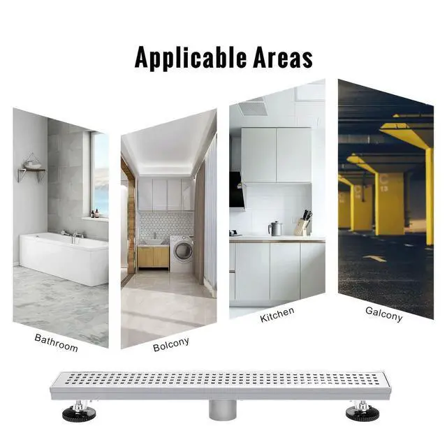 Alt view image 6 of 6 - Linear Shower Drain, Linear Drain 32 inch with Removable Square Hole Panel, Brushed 304 Stainless Steel Shower Floor Drain with Adjustable Feet and Hair Catcher