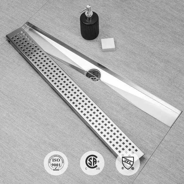 Alt view image 4 of 6 - Linear Shower Drain, Linear Drain 32 inch with Removable Square Hole Panel, Brushed 304 Stainless Steel Shower Floor Drain with Adjustable Feet and Hair Catcher